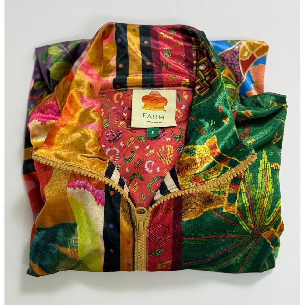 FARM Rio "Mixed Scarves"‎ Velour Bomber Jacket Women's S Tropical Patchwork